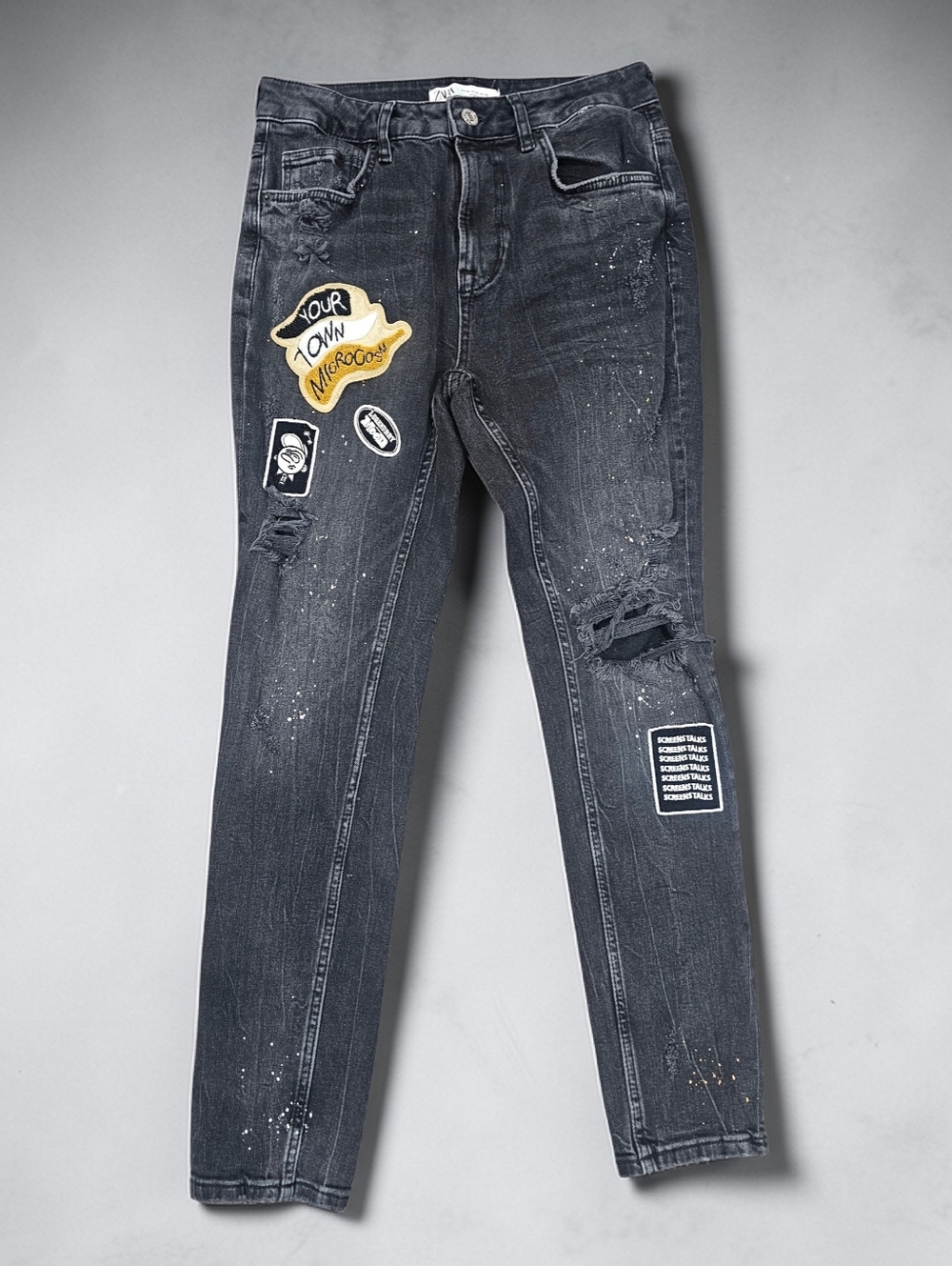 Zara Black Distressed Paint Splattered Graphic Jeans Size 31